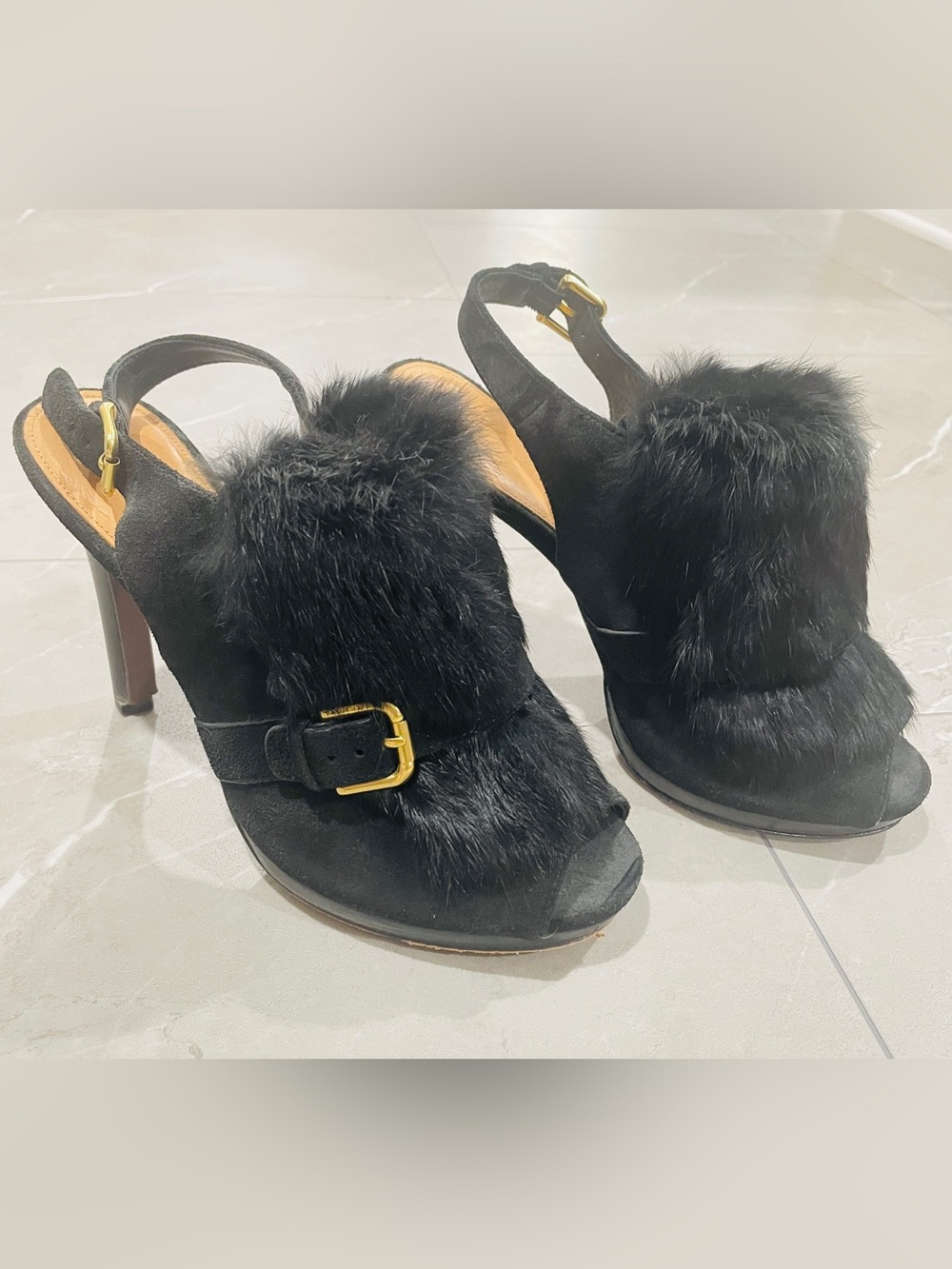 Coach Bea Black Suede Rabbit Fur Slingback Peep Toe Platform Heels Size 9